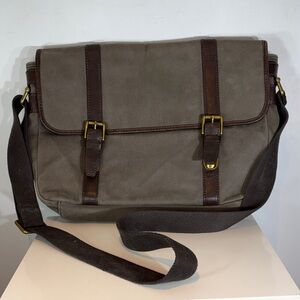 Fossil Estate City Canvas Leather Messenger Bag olive/ Brown tone